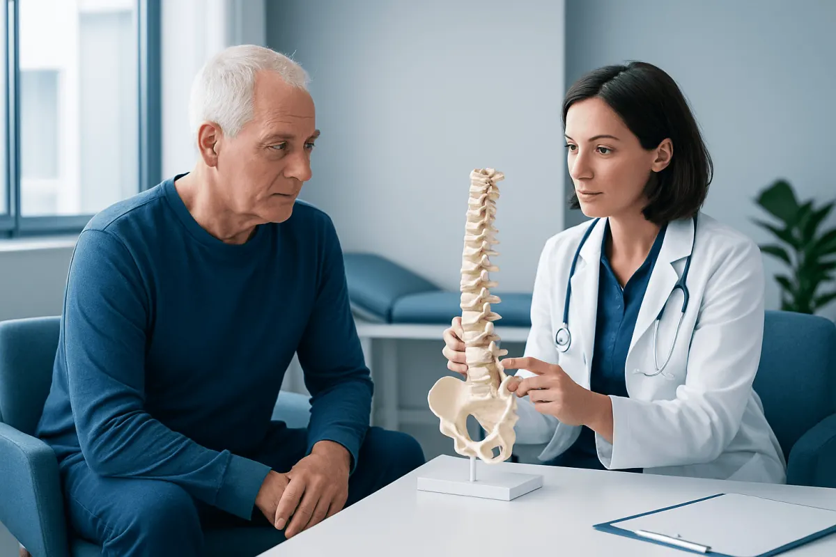 Doctor explaining spinal anatomy to patient in a medical consultation room.