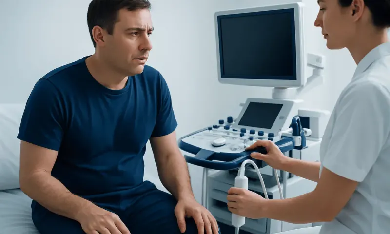 Doctor performing an ultrasound examination on a male patient.