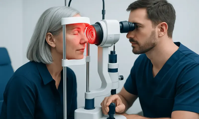 Optometrist performs eye scan using laser device at Acibadem Hospital.