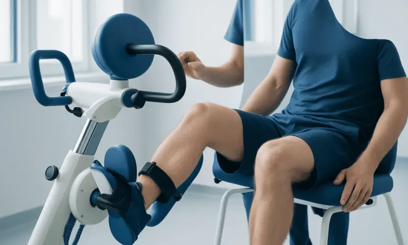 Patient performing ankle rehab exercise on a stationary bike at a hospital.