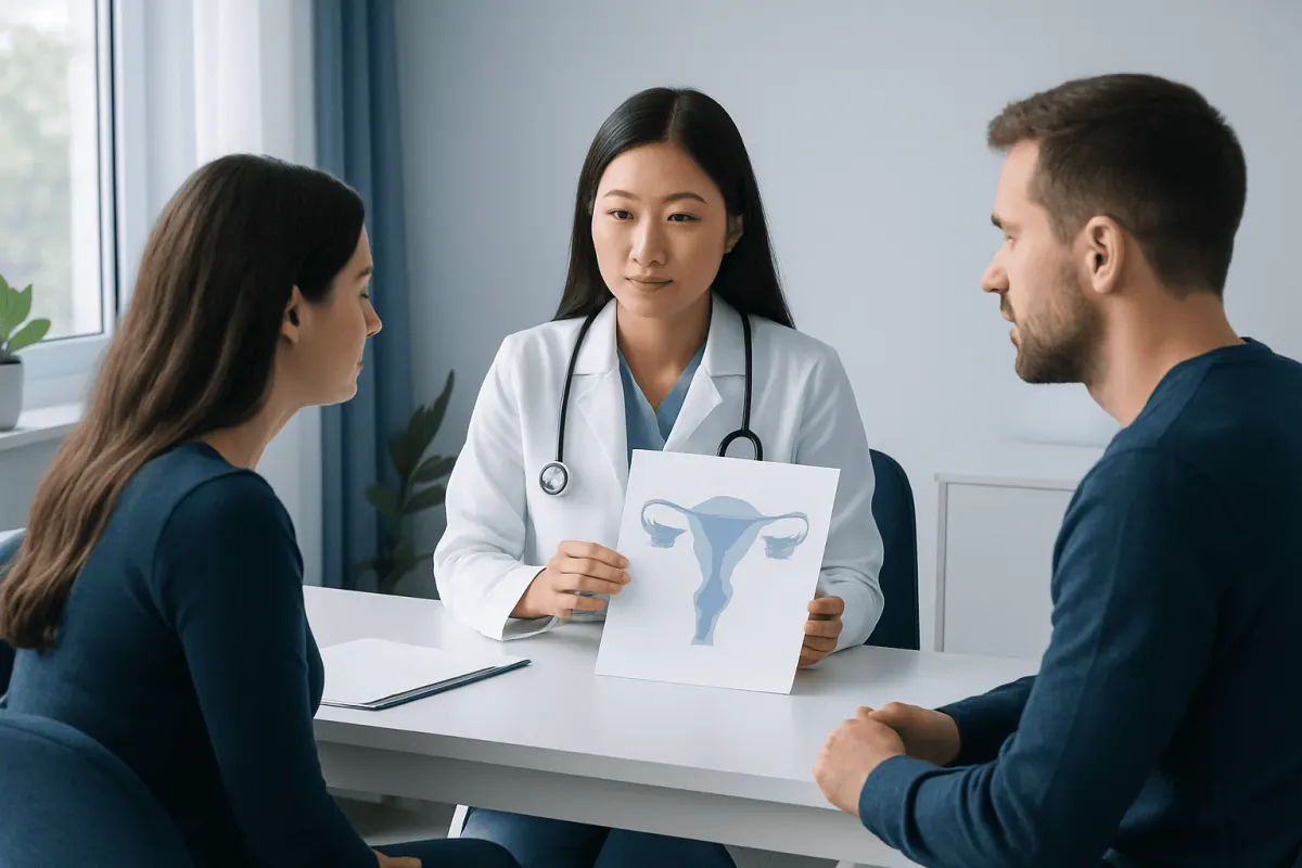 Doctor explaining fertility health to a couple with uterine diagram.