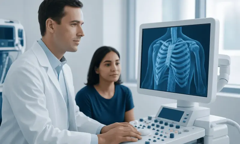 Doctor performing an ultrasound scan of a patient's chest and ribs.