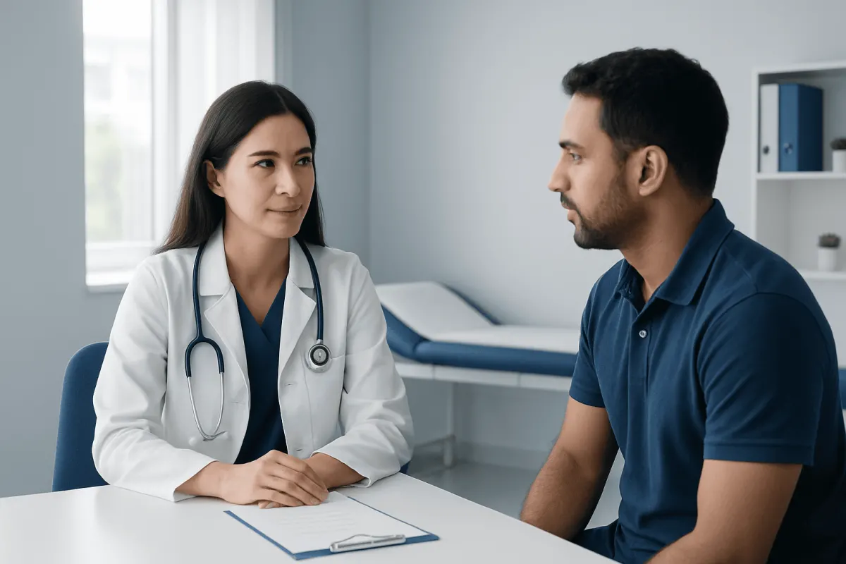 Doctor consulting with male patient in a medical office.