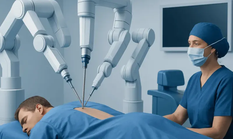 Robotic spine surgery being performed by a medical team in an operating room.