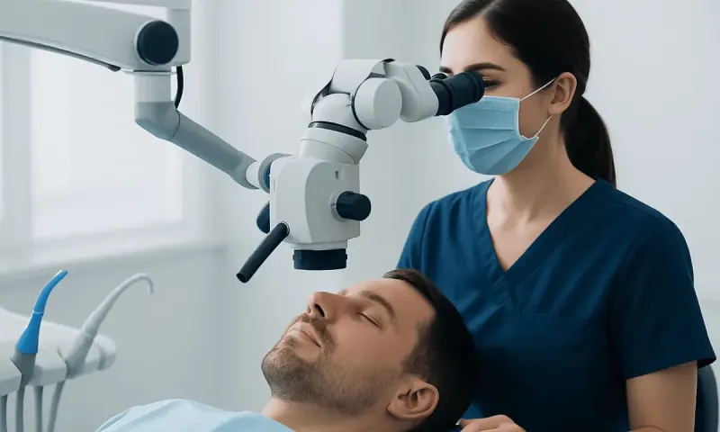 Dentist examining patient with dental microscope in clinic.