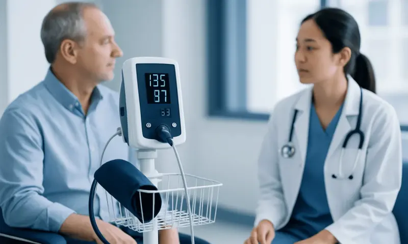 Doctor monitoring patient's blood pressure in a clinical setting.