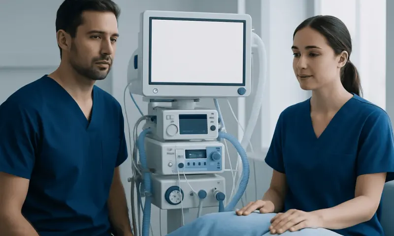 Medical professionals in a hospital room with ventilator equipment.