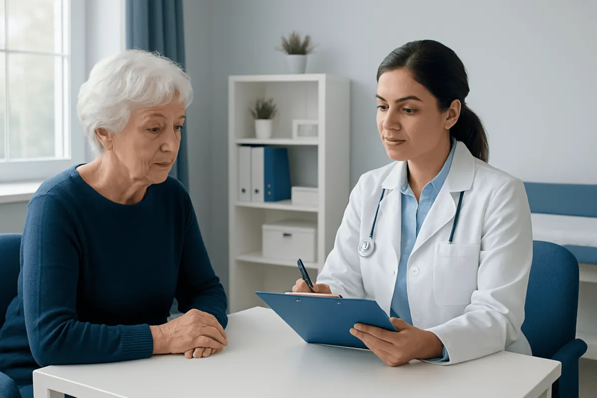 Doctor consulting elderly woman about health in a medical office.