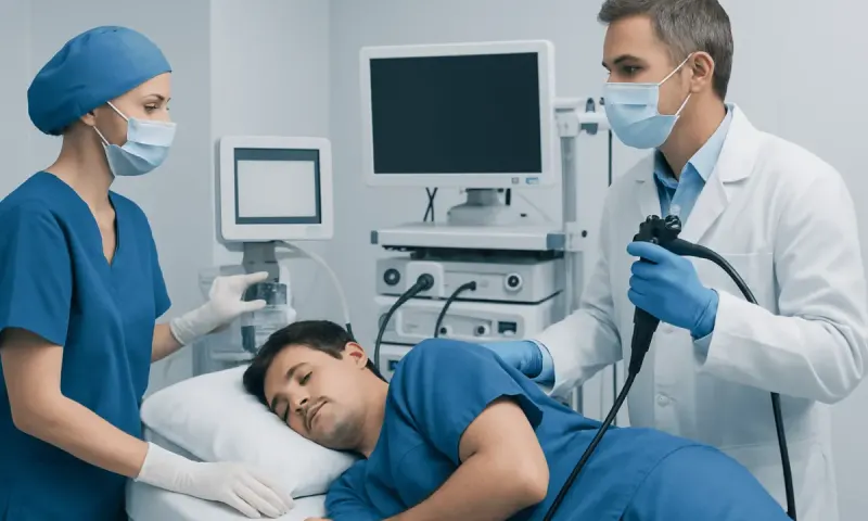 Medical team performing endoscopy on patient in hospital setting.