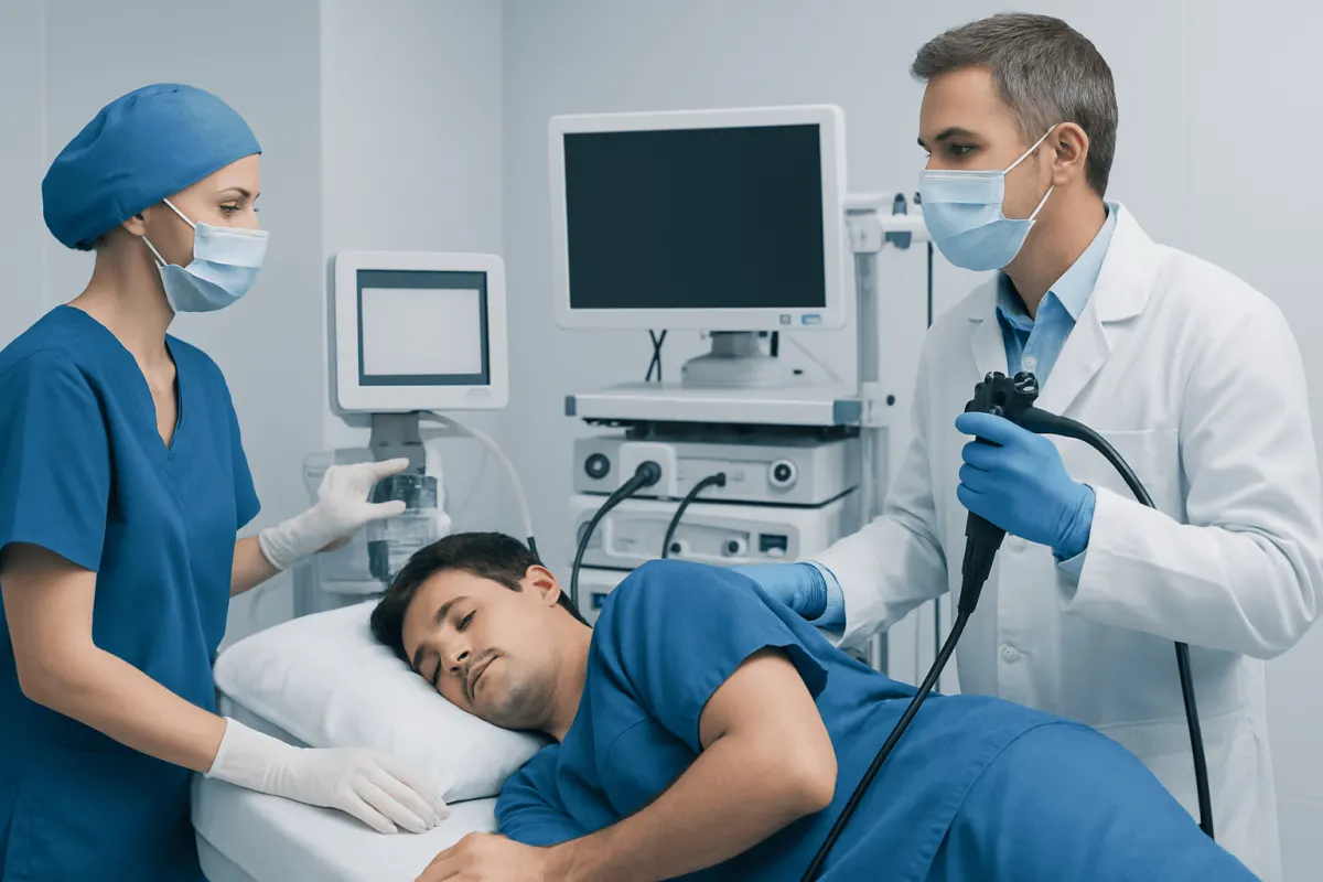 Medical team performing endoscopy on patient in hospital setting.