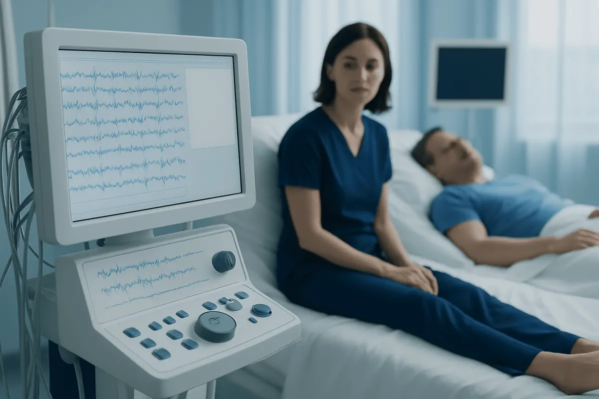 Electroencephalogram (EEG) test monitoring brain activity in a hospital setting.