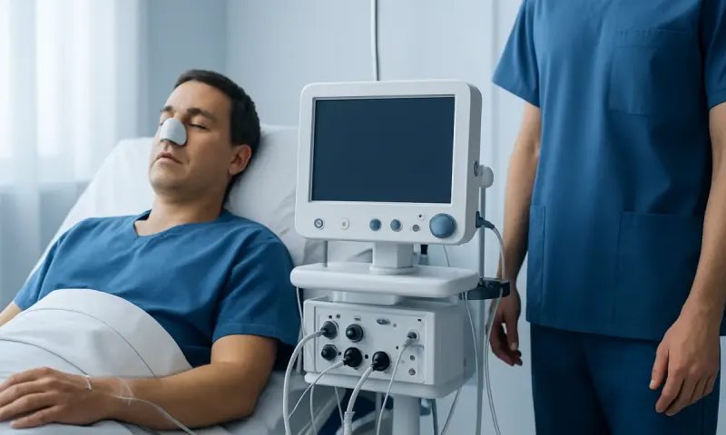 Patient undergoing nasal examination with medical equipment in hospital.