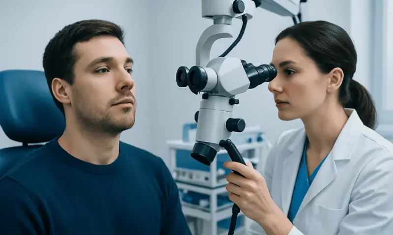 Doctor examines patient's throat with a microscope in a clinical setting.