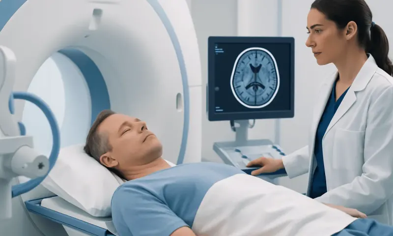Doctor reviewing brain scan of patient in MRI room at Acibadem Hospital.