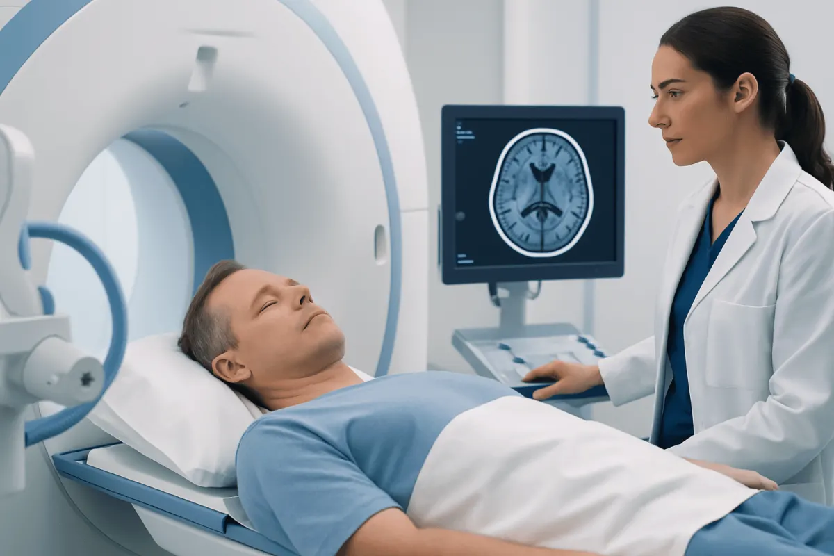 Doctor reviewing brain scan of patient in MRI room at Acibadem Hospital.
