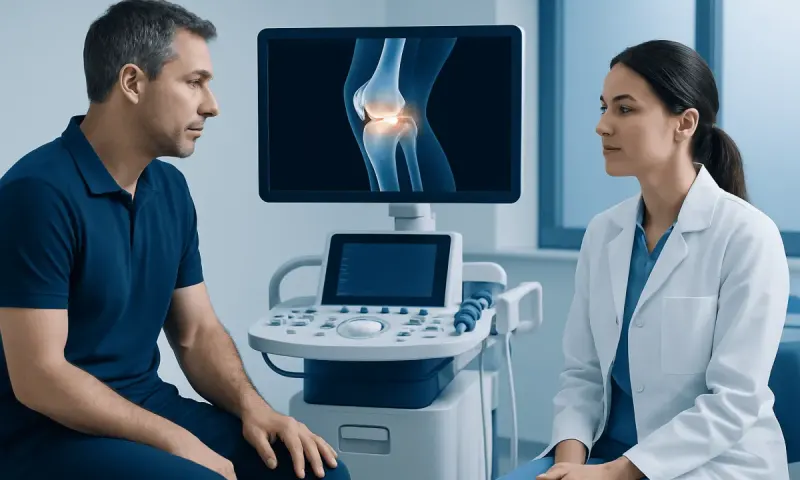 Doctor explaining knee joint scan to patient in a medical clinic.