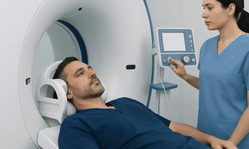 Patient undergoing MRI scan at Acibadem Hospital for pituitary mass evaluation.
