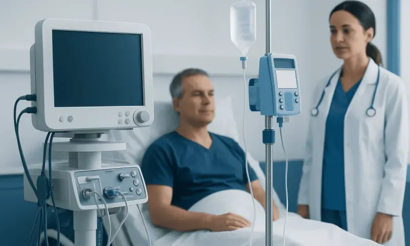 Hospital patient receiving medical care in a clinical setting.