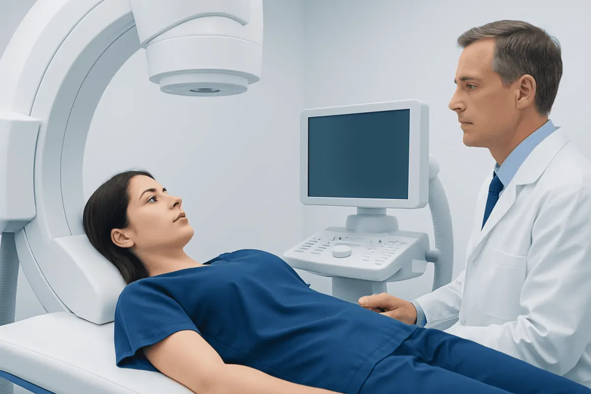 Doctor consulting with patient during MRI scan at Acibadem Hospital.