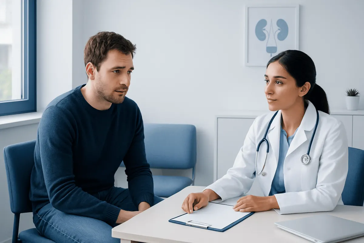 Doctor consulting with male patient in a medical office.