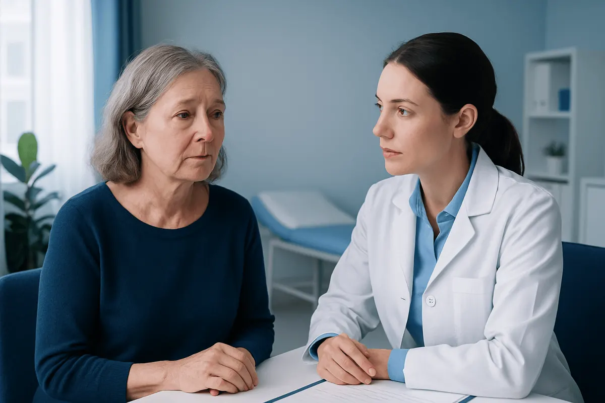 Doctor consulting with an elderly woman about skin health.