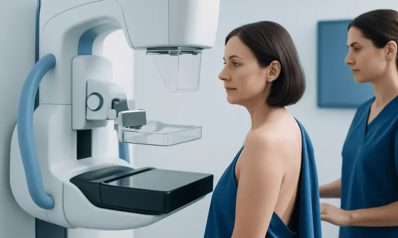Woman undergoing mammogram at Acibadem Hospital for breast cancer screening.