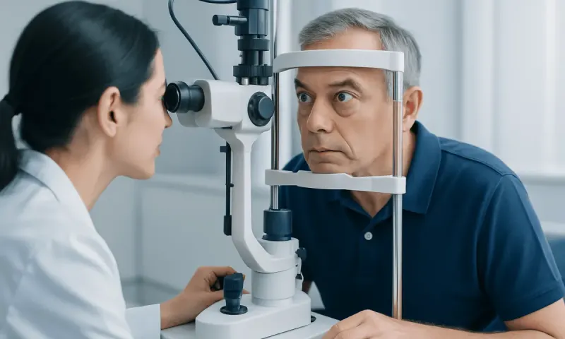 Ophthalmologist examining a patient's eyes with a slit lamp.
