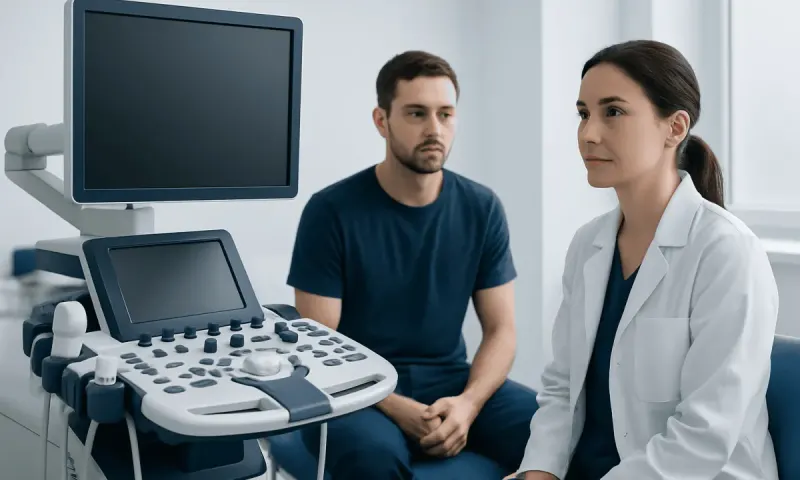 Doctor and patient in a medical consultation room with ultrasound equipment.