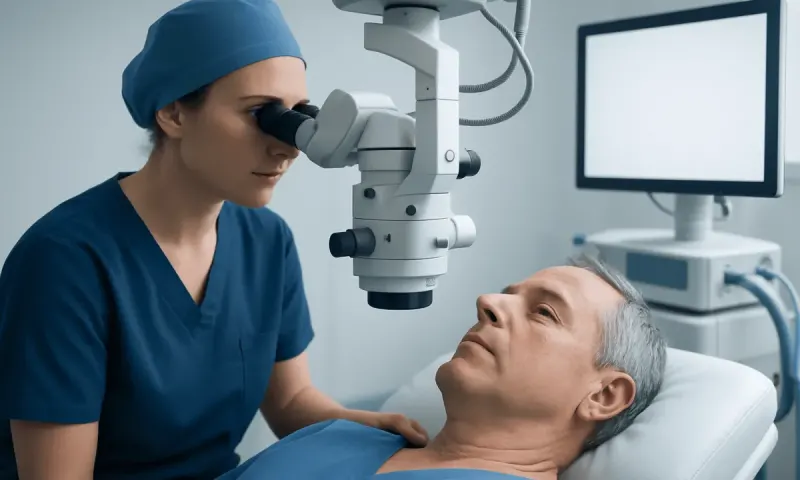 Ophthalmologist examining elderly patient's eye with a microscope.