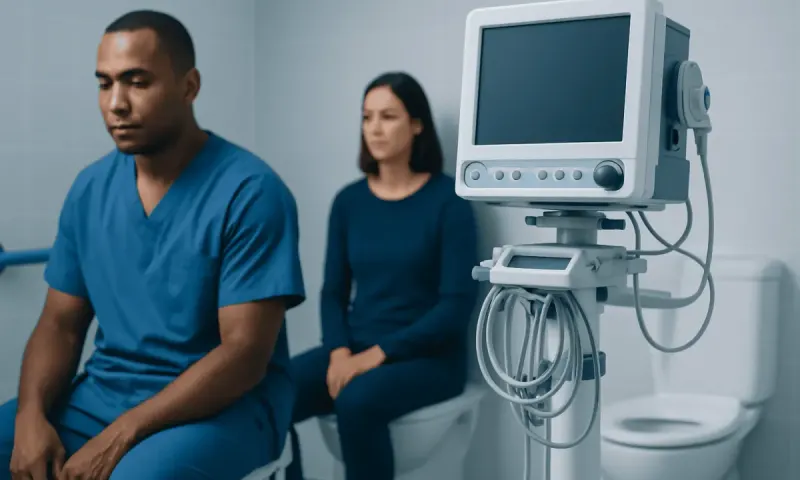 Patients waiting in a medical clinic with a monitor nearby.