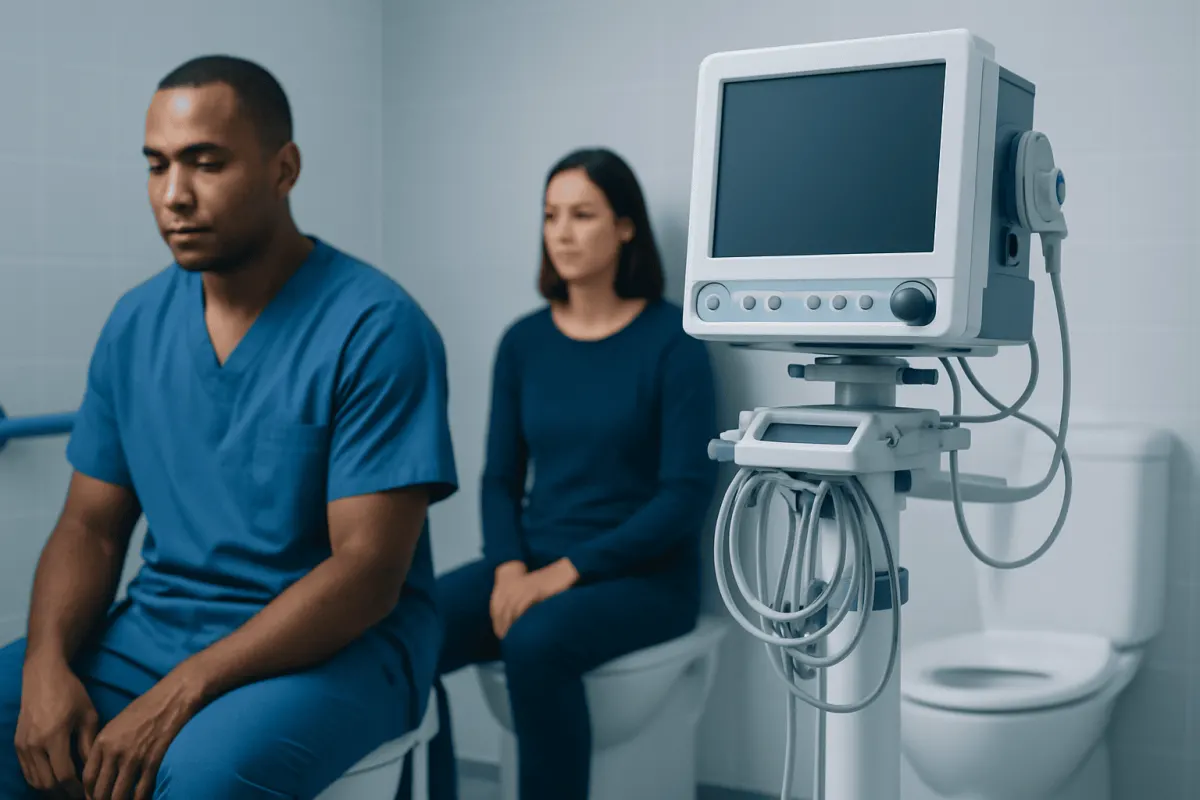 Patients waiting in a medical clinic with a monitor nearby.