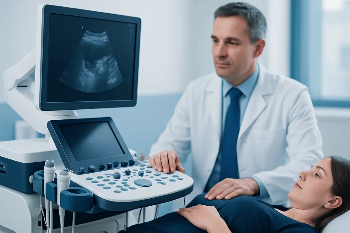 Doctor performing an ultrasound examination on a patient in a hospital setting.