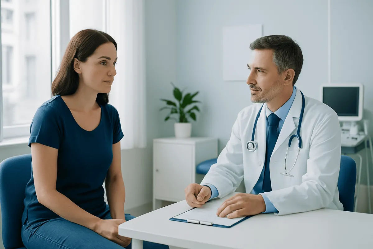 Doctor consulting with a female patient in a modern hospital room.