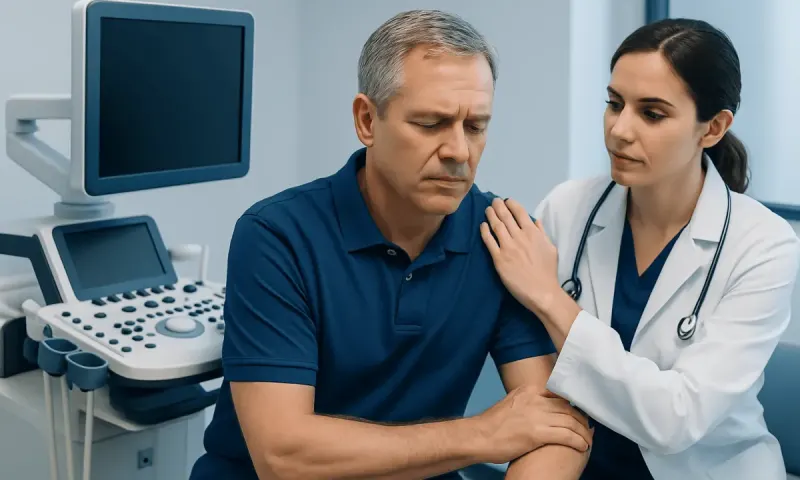 Doctor examining a patient's shoulder in a medical clinic setting.