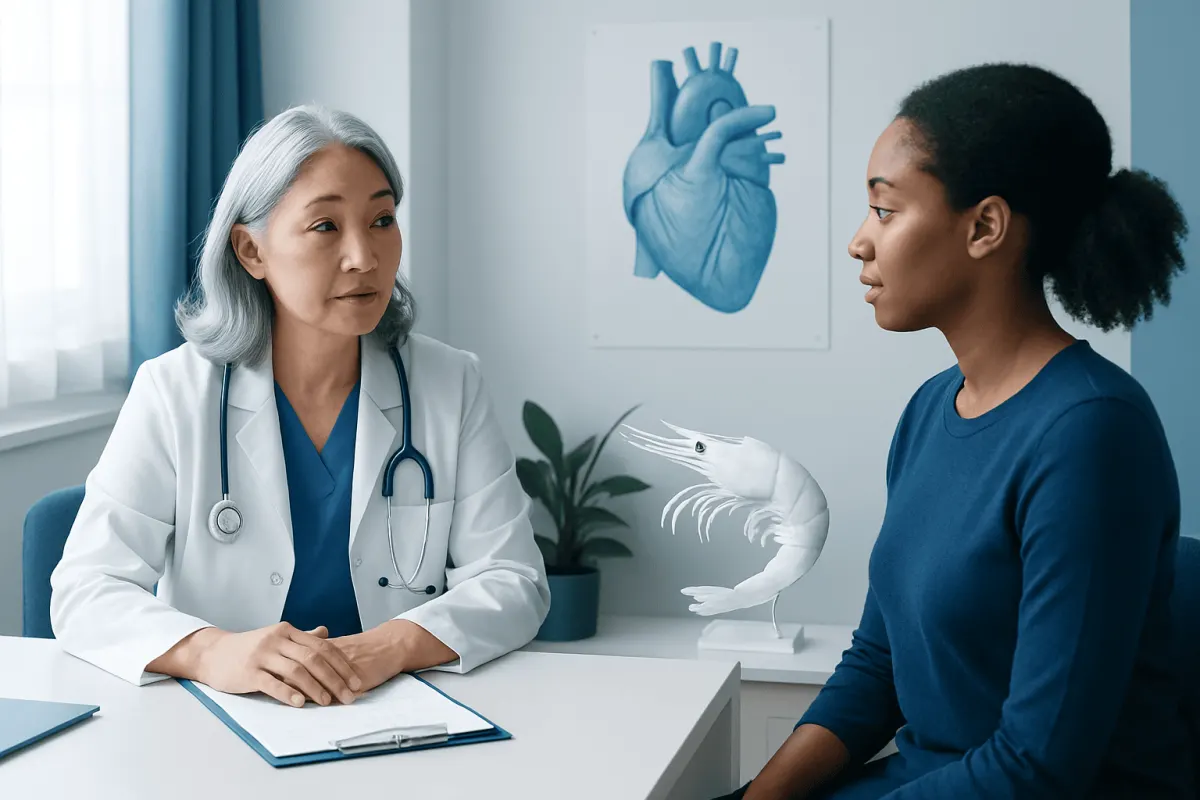 Doctor consulting patient about heart health in a medical office.