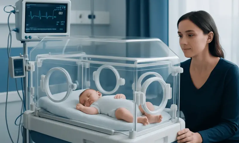 Newborn baby in incubator at hospital with mother nearby.
