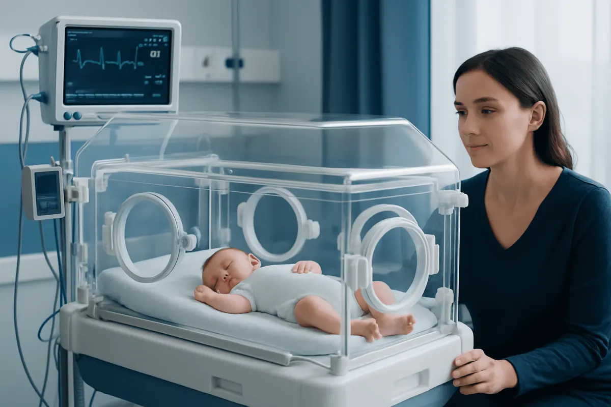 Newborn baby in incubator at hospital with mother nearby.