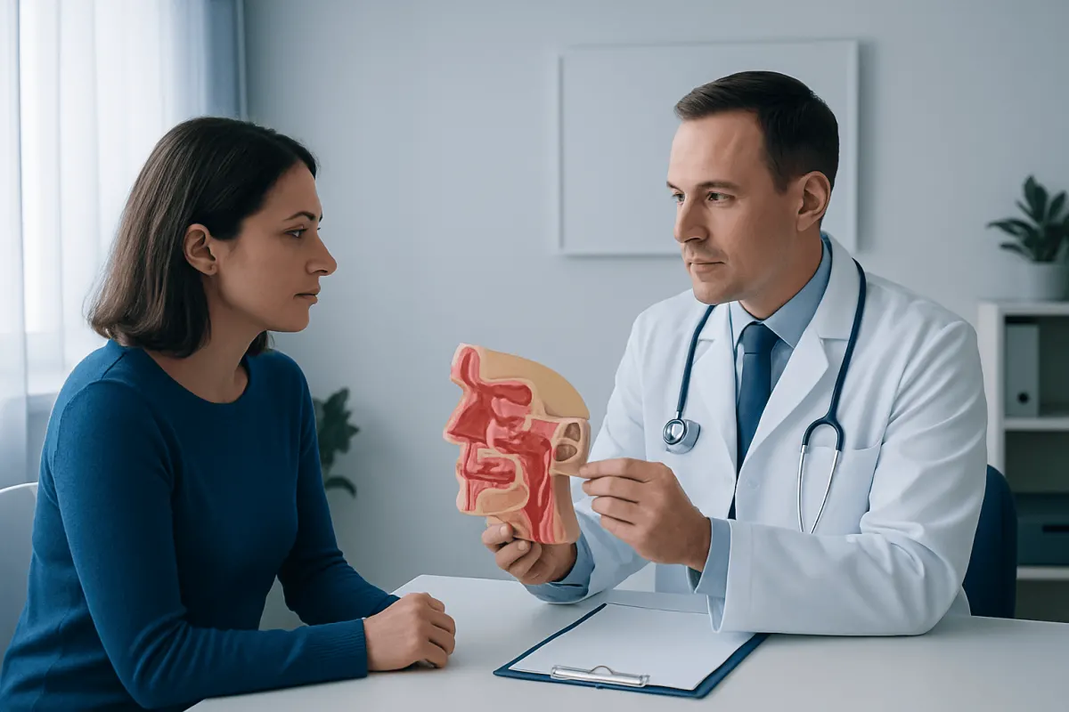 Doctor explaining sinus anatomy to a patient in a consultation room.