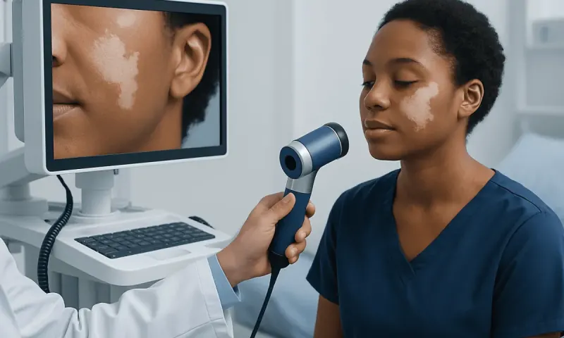 Doctor examining skin discoloration on patient's face with a dermatoscope.