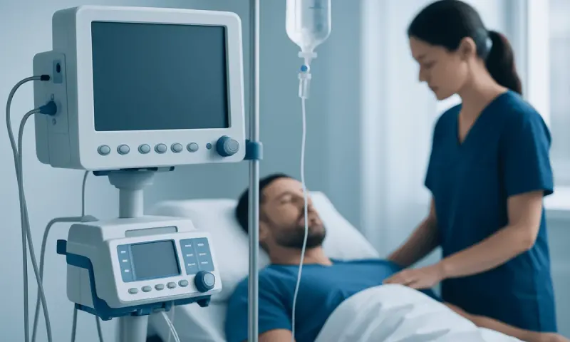 Medical professional attending to a patient in hospital bed with monitoring equipment.