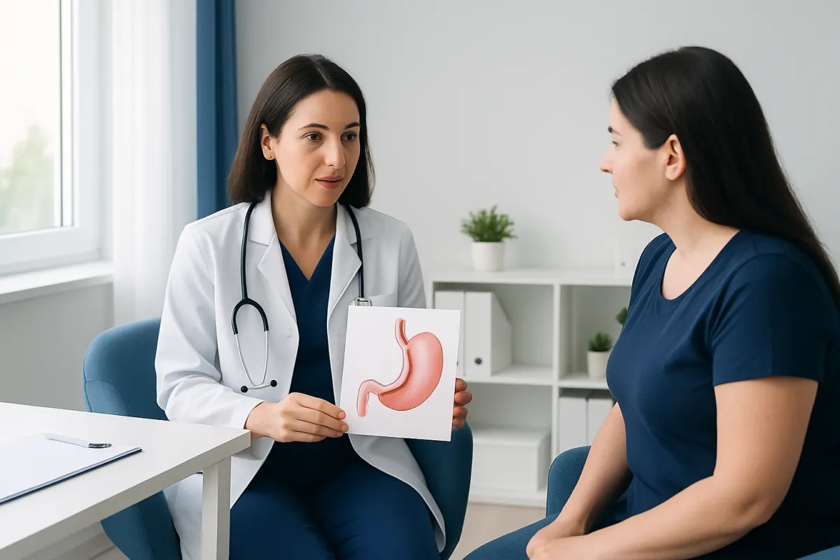 Doctor explaining stomach anatomy to patient during consultation.
