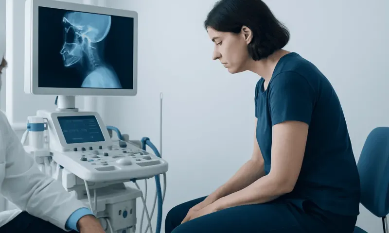 Woman undergoing a medical examination with an X-ray image of her neck displayed.