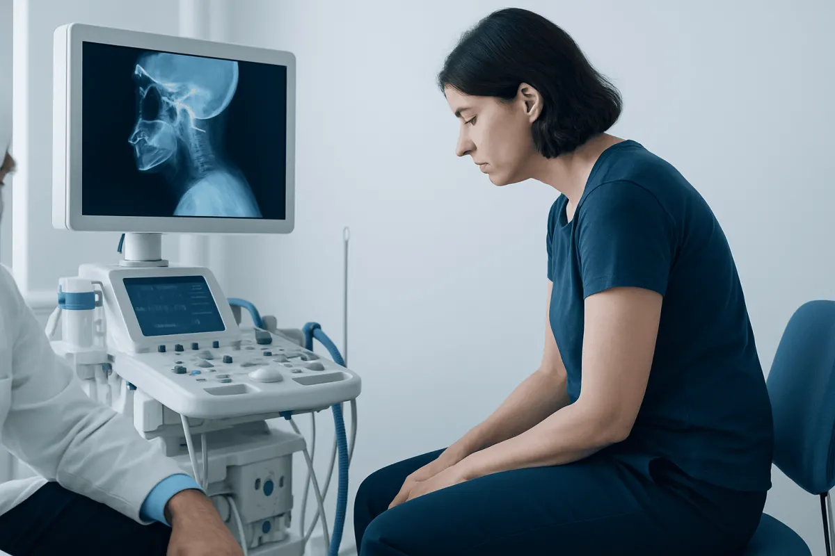 Woman undergoing a medical examination with an X-ray image of her neck displayed.