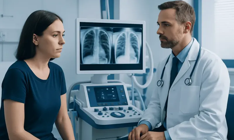 Doctor explaining lung X-ray results to a patient in a medical clinic.