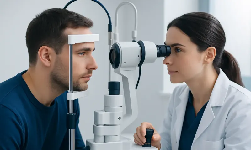 Ophthalmologist examining patient's eye with slit lamp microscope.