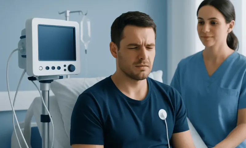 Patient experiencing pain during medical examination in hospital setting.