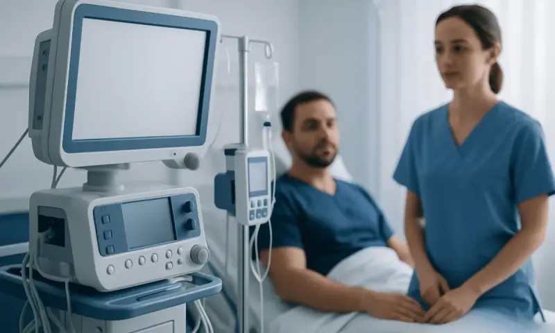 Hospital room with patient and nurse near medical monitoring equipment.
