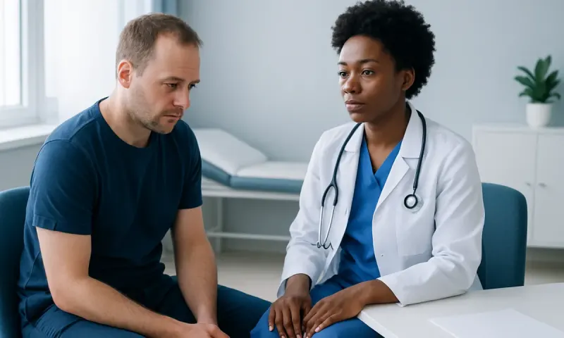 Doctor consulting with male patient in a medical office setting.