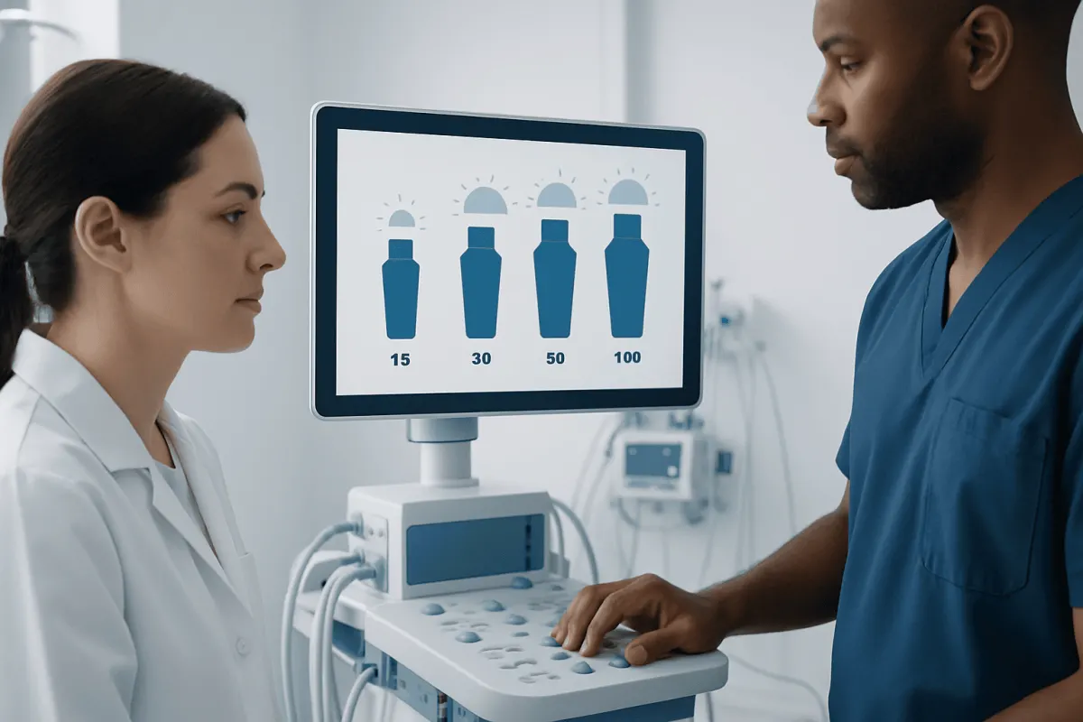 Medical professionals discussing SPF levels on a monitor in a clinical setting.