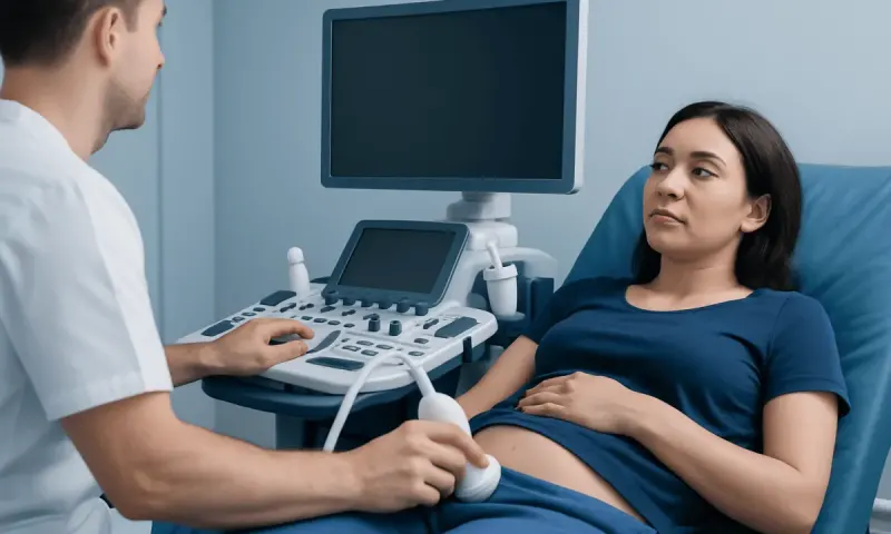 Doctor performing an ultrasound exam on a pregnant woman in a hospital room.